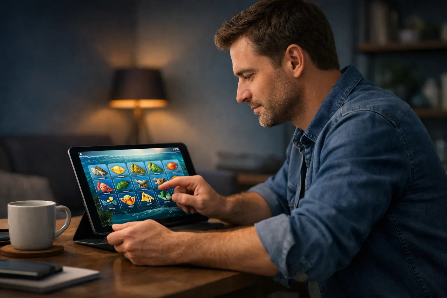 Big Bass Bonanza slot guide concept with tablet and notes on desk